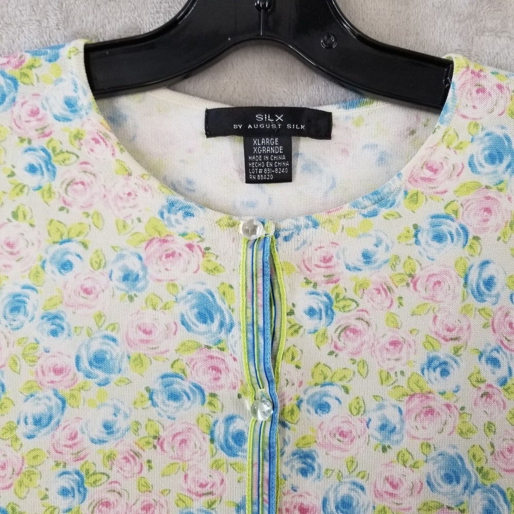 Vtg August Silk Cardigan Women XL Floral Button Front Knit Sweater Cottagecore - Picture 2 of 9